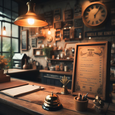 Counter with a menu and a bell